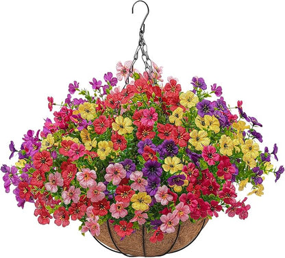 Artificial Faux Hanging Plants Flowers Basket for Outdoors Spring Summer Decoration,Hanging Planters with Fake Silk Flowers UV Resistant Realistic for Outside Porch Patio Balcony Garden （6 Multicolor）