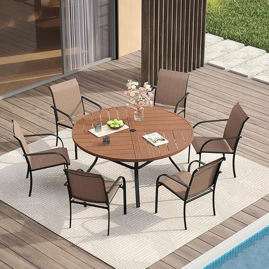 VICLLAX Patio Table and Chair Set of 6, All Weather Metal Round Outdoor Dining Furniture Set-47 Round Outdoor Table and Chairs, Walnut Wood Grain Tabletop