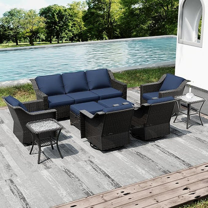 Joyside Wicker Patio Furniture Sets, 9 Pieces Upgraded Large Size Outdoor Furniture with 4 Swivel Rocking Patio Chairs, 3-Seat Sofa, Outdoor Ottoman, Thick Cushions, Wide Armrest, Blue