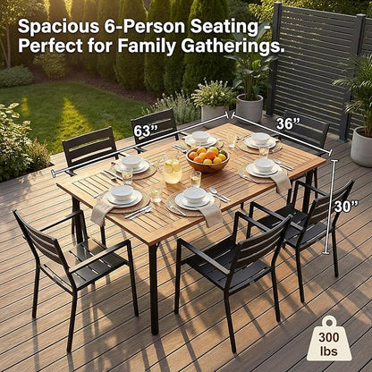 Flamaker Acacia Wood Patio Outdoor Dining Table for 6, Outdoor Table with Umbrella Hole and Metal Legs for Garden, 63’’L x 36’’ W x 30’’ H