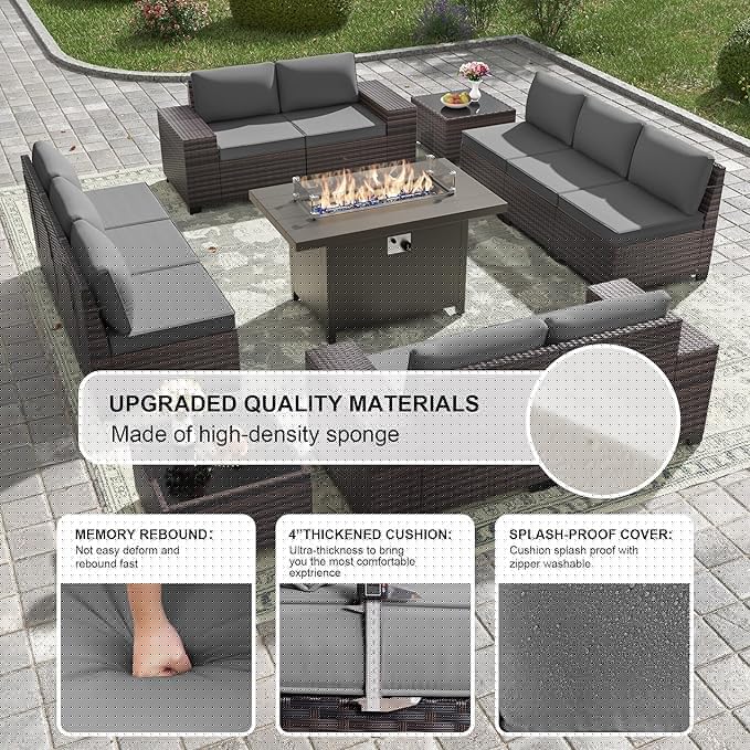 Kullavik 13PCS Outdoor Patio Furniture Set with 43" 55000BTU Gas Propane Fire Pit Table PE Wicker Rattan Sectional Sofa Patio Conversation Sets,Grey