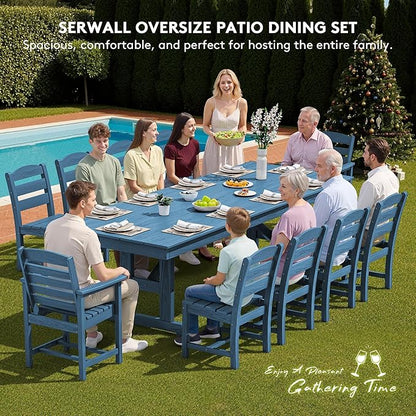 SERWALL 11 Piece Outdoor Dining Set, 84" HDPE Outdoor Table and Chairs for 10，All Weather Patio Furniture Set with Umbrella Hole for Backyard, Garden, Blue