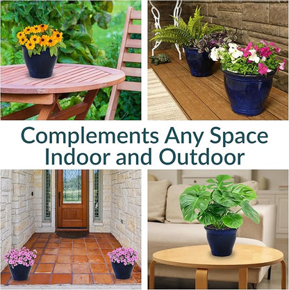 Sunnydaze Round Ceramic Planter - Set of 2 Indoor or Outdoor Plant Pots with Drainage Hole - Studio - 11" - Imperial Blue Glaze