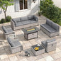8-Seat Outdoor Wicker Patio Furniture Set with Fire Pit Table, Modular Rattan Sectional Sofa & 2 Swivel Rocking Chairs, 4" Thick Cushions, Rust-Resistant Frame,Black