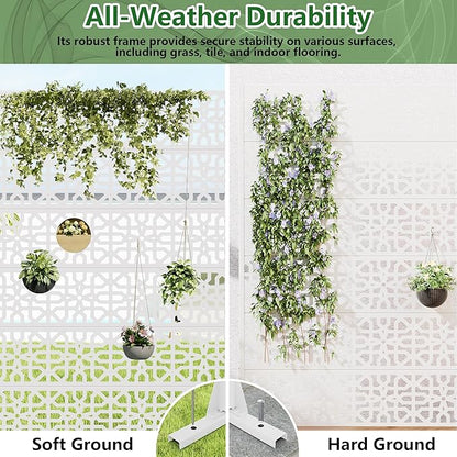 Casaphoria Metal Privacy Screen Outdoor, 72" H x 47" W Freestanding Decorative Privacy Screen for Patio Deck Balcony Garden with Stable Base, White-Perilla
