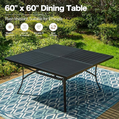 9 Pieces Patio Dining Set, 8 x Woven Rattan Chairs with Waterproof Cushion, 60" Square Metal Dining Table with Umbrella Hole, Outdoor Table and Chairs Set for Backyard Lawn and Deck, Beige