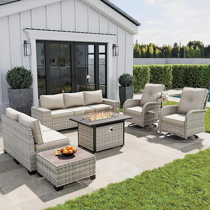 10-Piece Outdoor Patio Furniture Set with Rocking Swivel Chair, PE Wicker Rattan Sectional Sofa Patio Conversation Set with 55,000 BTU Fire Pit Table & Coffee Table, White