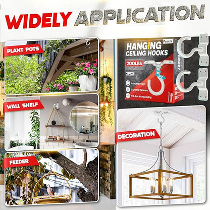 [UPGRADED] 2Pcs 200LBS Rotatable Ceiling Hooks with 4 Screw Points Base, Wall Mount Metal Hanger White Ceiling Hook for Hanging Plant, Bird Feeder, Lights, Bed Canopy, Wind Chime, Indoor Outdoor Decor