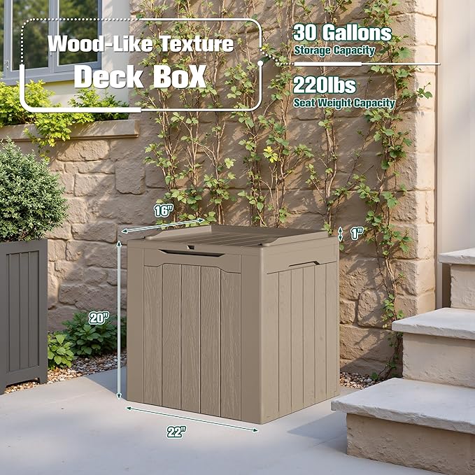 Deck Box 30 Gallon Light Brown Resin, Lockable and Waterproof 2 Pack