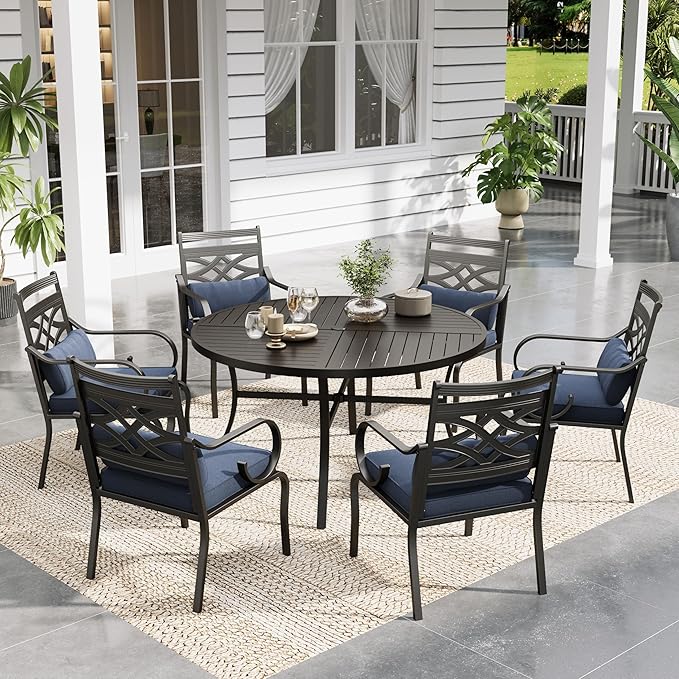 Sophia and William Patio Dining Set for 6, Outdoor Table and Chairs, Removable Seat Cushions, Black 54" Round Patio Dining Table,Blue
