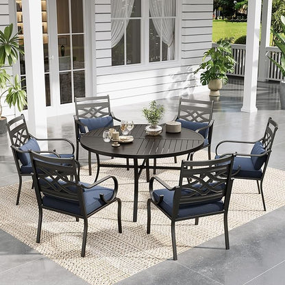 Sophia and William Patio Dining Set for 6, Outdoor Table and Chairs, Removable Seat Cushions, Black 54" Round Patio Dining Table,Blue