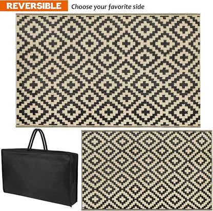 SAND MINE Reversible Mats, Plastic Straw Rug, Modern Area Rug, Large Floor Mat and Rug for Outdoors, RV, Patio, Backyard, Deck, Picnic, Beach, Trailer, Camping (3' x 5', Black & Beige Lattice)
