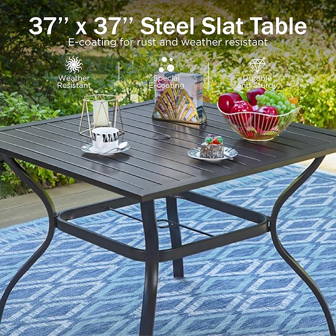 PHI VILLA 5 Pieces Outdoor Dining Set for 4, 37" Square Metal Table with Umbrella Hole & Wrought Iron Swivel Chairs, All Weather Outside Furniture with Blue Cushions & Pillows for Patio, Deck, Porch