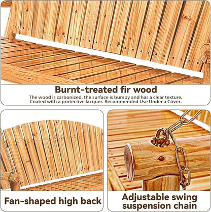 Outdoor Porch Swing Front Porch Hanging Wooden Bench Swing 3 Seat Chair for Garden, Patio, Backyard, Playground, Log Wood 800Lbs, 5 Ft, Lightly Toasted
