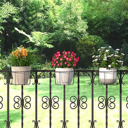 TQVAI 10 Inch Railing Planter - Fit for 3 to 5.5 Inches Railing - Adjustable Hanging Planters Outdoor Balcony Deck Flower Pot Holder Metal Baskets for Garden Orchid, Patio Ledge, 3 Pack, Black