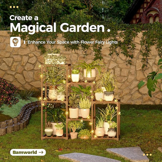 Plant Stand Indoor with Flower Fairy Lights Battery Plant Shelf Wood
