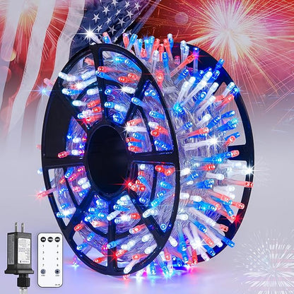 String Lights, 168 ft Red White and Blue, 600 LEDs, Outdoor Reel