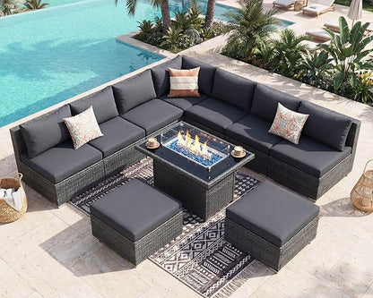 NICESOUL 10 Piece Contemporary Patio Furniture Set with Firepit Table Natural Gas/Propane, 29.3'' High Backrest Outdoor Sofa Conversations, 9 Seats Deep Wide Seating Wicker Sectionals, Dark Gray