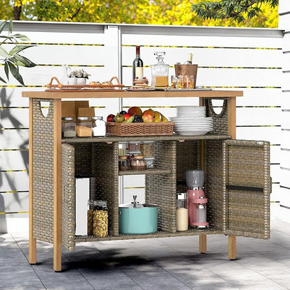 DWVO XL Patio Storage Cabinet, Wicker Outdoor Bar Table with Wood Top,Adjustable Shelves, Patio Sideboard for Outdoor Buffet,Yard, Garden, Kitchen (Brown)