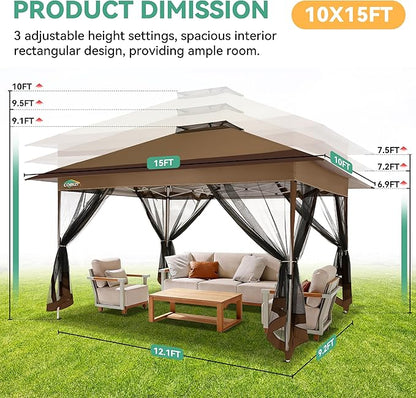 COBIZI 10x15 FT Pop up Gazebo on Clearance - Outdoor pop up Canopy Tent,carpas para Patio, Shelter - Screen Tents with Portable Carry Bag, Patio Gazebos for Camping,Garden,Deck,Backyard,Brown