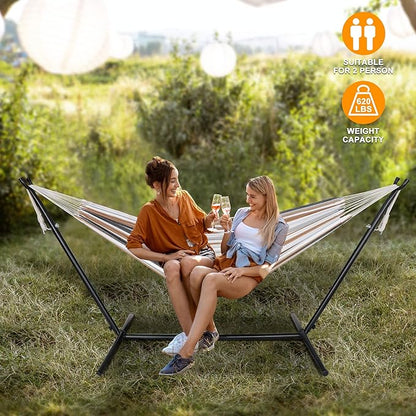 SUPER DEAL Portable 2 Person Hammock with 9FT Hammock Stand, 620 LBS Capacity Adjustable Hammock Bed with Space Saving Carrying Case Included for Camping Garden Backyard Patio Indoor Outdoor
