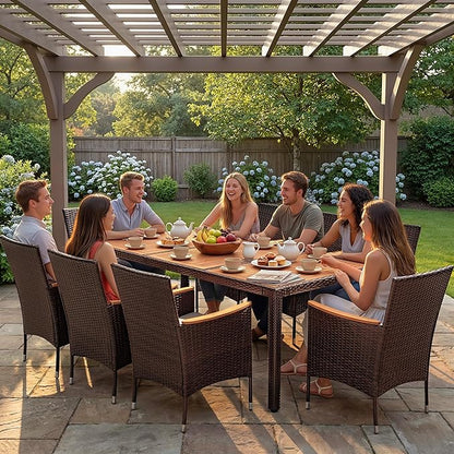 Devoko Outdoor Patio Dining Sets 9 Pieces Wicker Outdoor Dining Table and Chairs Set with Acacia Wood Table Top and Widened Armrests for Backyard, Garden, Deck (Brown)