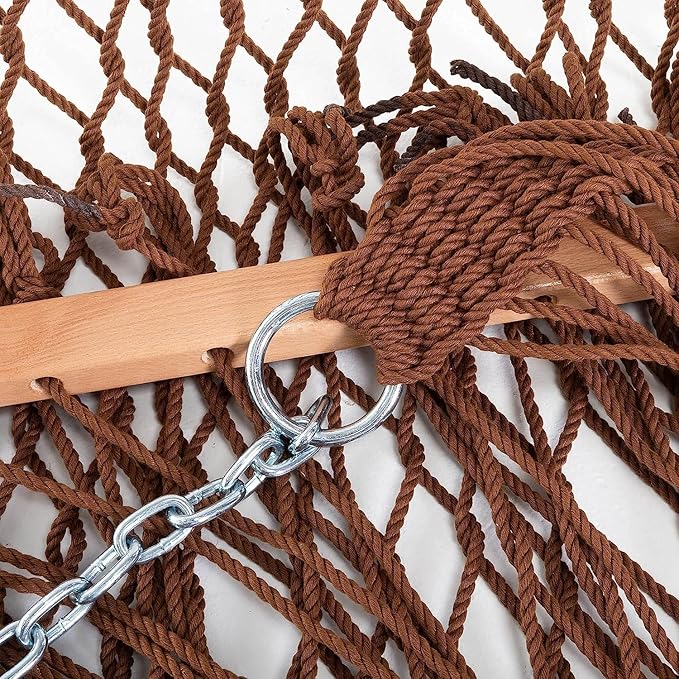 Castaway Living 13 ft. Double Traditional Hand Woven Antique Brown Polyester Rope Hammock – 2-Person, 450 lb Capacity, Free Extension Chains & Tree Hooks, Designed in The USA