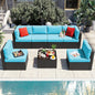 Vongrasig 7 Pieces Patio Furniture Sets, Outdoor All-Weather Wicker Patio Conversation Sets, L-Shaped Rattan Sectional Patio Sofa with Glass Table for Backyard, Blue