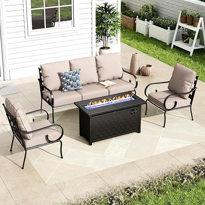 MFSTUDIO 5 Seats Large Metal Patio Conversation Sets, 4 Pieces Outdoor Sectional Furniture Sofa with 2 x Fixed Chairs, 1 x 3-seat Sofa and 1 x 45 inches Rectangular Propane Fire Pit Table