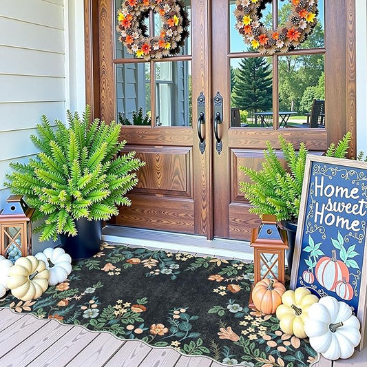 Outdoor Door Mat Boho Floral Non-Slip Black 2 x 4.3 Ft
