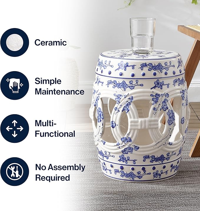 Decorative Garden Stool, Blue and White Ceramic, 16.5-Inch Tall
