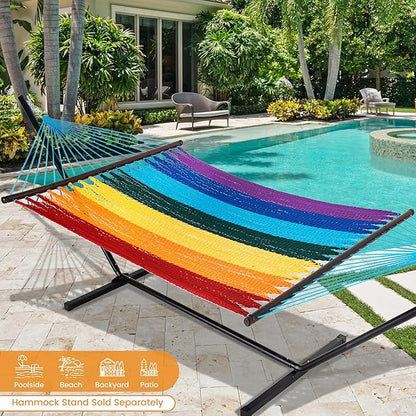 Lazy Daze Hammocks 10.5 FT Double 2 Person Caribbean Rope Hammock, Hand Woven Polyester Hammock with Spreader Bars, for Outside Outdoor Backyard Patio Poolside, 450 LBS Capacity, Rainbow