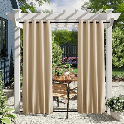 NICETOWN 2 Panels Outdoor Patio Curtains Windproof Top & Bottom Grommet & Back Tab, Thermal Insulated Windproof Drapes Keep Privacy for Garage/Porch with Ropes for Fixed, Biscotti Beige, W46 x L80