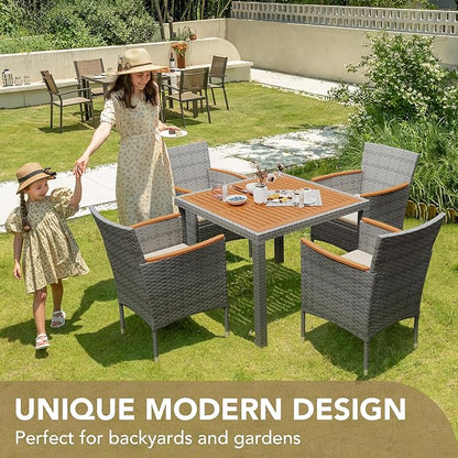 Devoko 5 PCS Furniture, Patio Conversation Set with Acacia Wood Top, Rattan Outdoor Dining Table and Chairs for Backyard, Garden, Deck, Grey