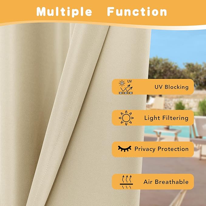 HolidayIdeas Outdoor Curtains for Patio Waterproof, 4 Panels - 54 x 95 Inch - Privacy Protection & Light Filtering Curtains Cream Grommet Outside Curtains for Porch, Gazebo, Pergola, Backyard