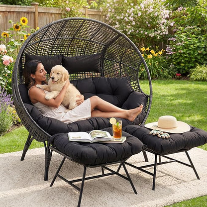 NICESOUL Luxury Double Egg Chair with Footrest & Cushions, Two Person Wicker Eggshell Chair Large with Ottoman, 2 Person Loveseat Comfort Deep Seating for Interiors Exteriors Balcony Dark Gray