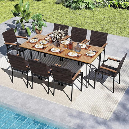 Tangkula 9 Piece Patio Dining Set, 79” Rectangular Outdoor Dining Table with Acacia Wood Top & Umbrella Hole, 8 Stackable Rattan Armchairs, for Backyard Garden Poolside