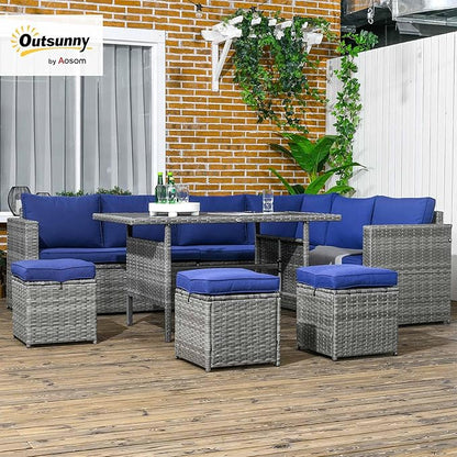 Outsunny Wicker Outdoor Patio Furniture Set, L-Shaped 7 Piece Outdoor Dining Sectional Sofa with Dining Table and Chair, Storage Loveseat, Ottomans and Cushions, Dark Blue