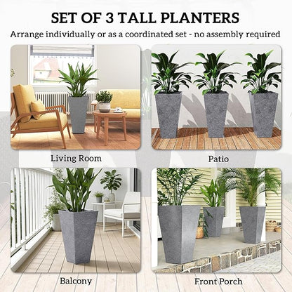 Outsunny 28 Inch Tall Planters for Outdoor Plants, Set of 3 Plastic Flower Pots with Marble Finish and Drainage Holes, Stackable Tapered Large Planters for Indoor Plants, Front Porch Decor, Gray