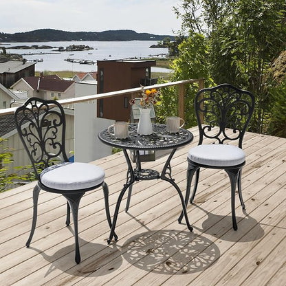 Bistro Set, 3 Piece Cast Aluminum Patio Table and 2 Chairs in Black