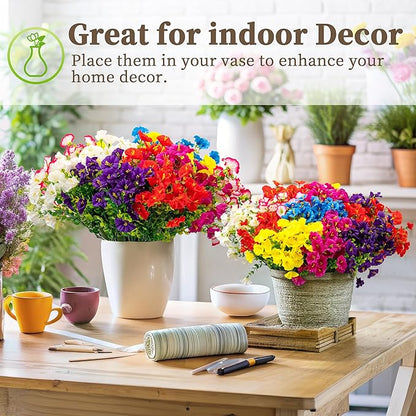 16PCS Artificial Fake Flowers for Outdoors/Indoors, Faux Silk Colorful Morning Glory with Eucalyptus, UV Resistant Realistic Floral Arrangement for Garden Porch Window Box Home Balcony Yard (8 Colors)