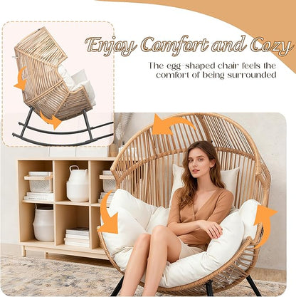 Shintenchi Egg Chair Outdoor, Oversized Outdoor Indoor Wicker Rocking Chair, Large PE Rattan Egg Rocking Chair with Cushion for Patio, Balcony, Backyard, Garden, Beige
