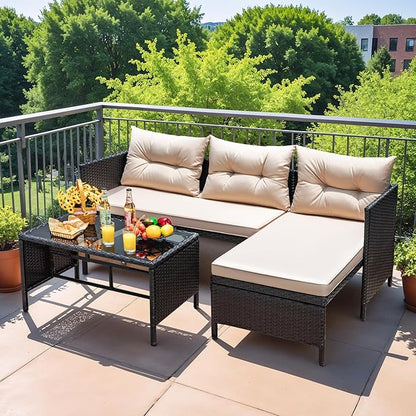 Devoko Outdoor Patio Furniture 3-Piece Rattan Waterproof Outdoor Sectional Sofa All-Weather L Shaped Patio Couch with Cushion Glass Table for Balcony, Garden (Beige)