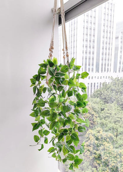 Comtelek 2 Packs Fake Hanging Plant with Pots for Home Decor Artificial Hanging Basket Plants Macrame Plant Hanger with Faux Vines Greenery for Bedroom Bathroom Room Wall Boho Decor Indoor Outdoor