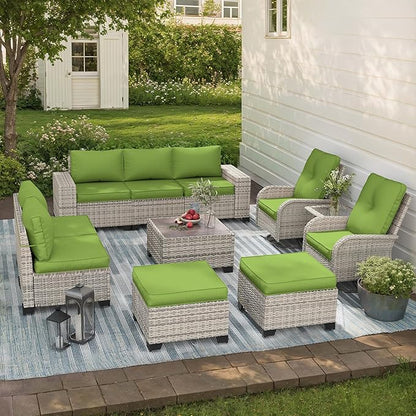 11-Piece Outdoor Patio Furniture Set with Rocking Swivel Chair Wicker Sectional Sofa Set, Patio Conversation Set with Ottomans & Coffee Table for Garden, Backyard, Avocado Green