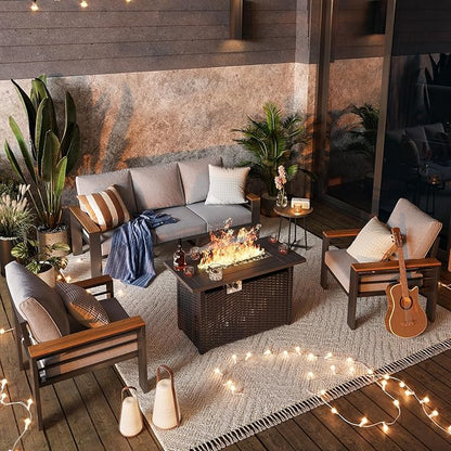 Aoxun Aluminum Outdoor Patio Furniture Set, 6-Piece Outdoor Sectional with 44'' Propane Gas Firepit Table, Patio Conversation Sets with Upgraded Armrests and Cushions for Backyard (Grey,5 Seats)