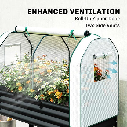 Outsunny Galvanised Raised Garden Bed with Greenhouse Cover, Metal Elevated Garden Bed with Legs, Bed Liner and Bottom Shelf, Outdoor Raised Planter Box for Vegetables, Herbs, Flowers, Black