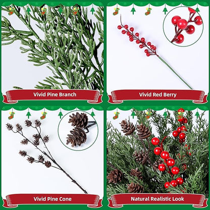 Faux Cedar Stems Artificial Norfolk Pine Branches for Christmas Decorations, 17 PCS Faux Pine Stems with Pinecones Red Berries Branches Realistic Faux Greenery for Vases DIY Garland Xmas Table Indoor