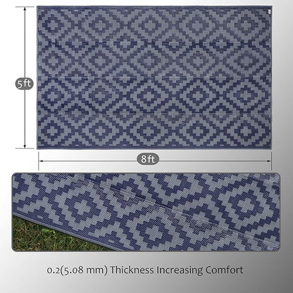 SAND MINE Reversible Mats, Plastic Straw Rug, Modern Area Rug, Large Floor Mat and Rug for Outdoors, RV, Patio, Backyard, Deck, Picnic, Beach, Trailer, Camping (5' x 8', Blue Grey Lattice)