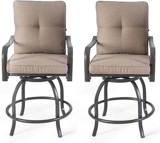 Kozyard Isabella Outdoor Swivel Bar Chairs, Counter Height Patio Bar Stools Set of 2 with Cushioned Seats, All-Weather Metal Bistro Chairs for Backyard Dining Beige